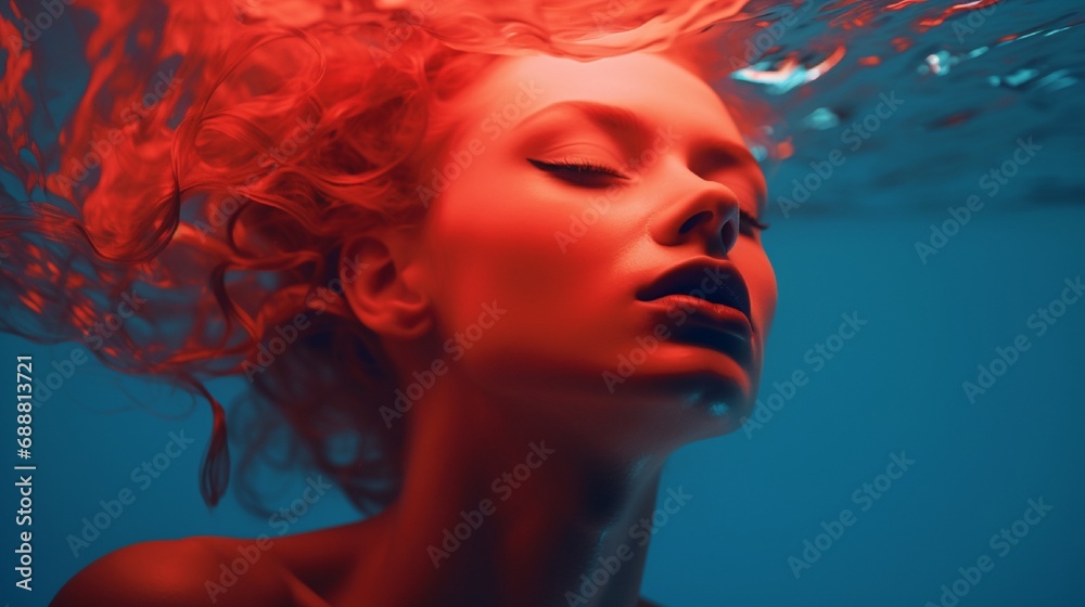 A striking double color exposure photograph juxtaposing a girl's composed expression in gentle aqua hues against her passionate anger in vibrant vermilion. A striking double color exposure photograph juxtaposing a girl's composed expression in gentle aqua hues against her passionate anger in vibrant vermilion.
