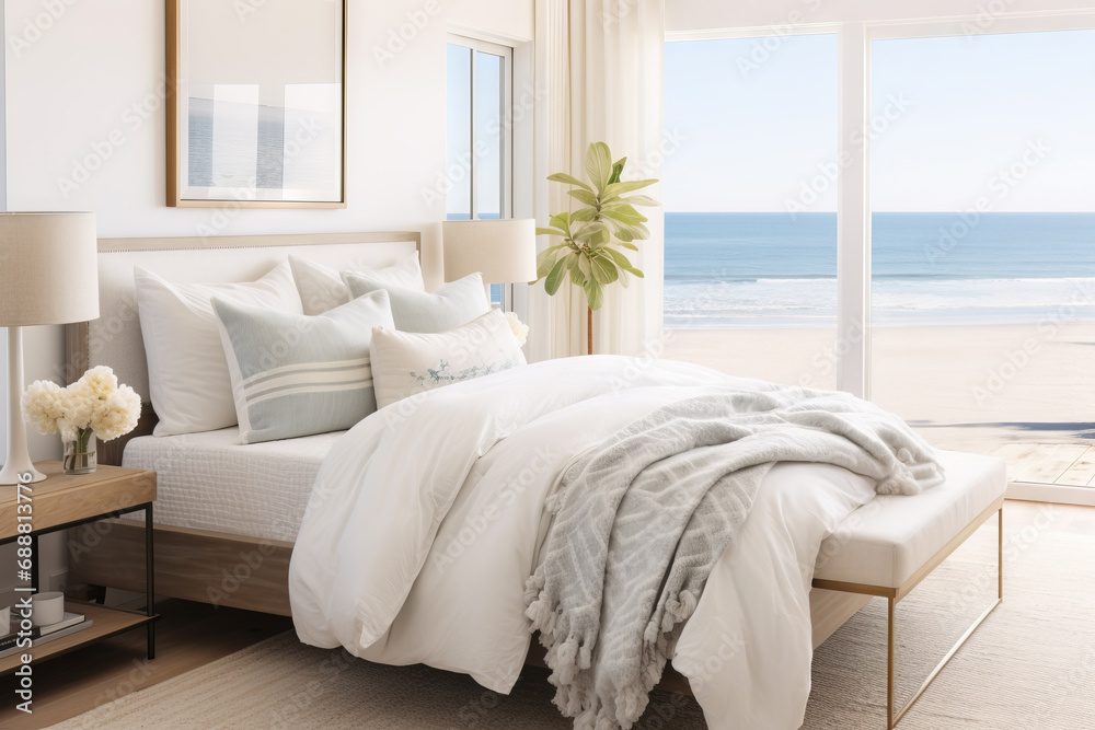 Minimalist bedroom interior with ocean sea view. Modern coastal interior. Summer, travel, vacation, dreams holiday, resort - obrazy, fototapety, plakaty 