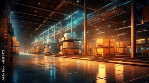 Futuristic warehouse. Wires and rows of boxes. Modern technology background.