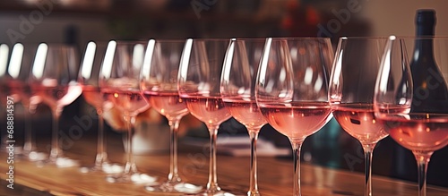 Rose wine glasses observed at a friendly party celebrating. photo