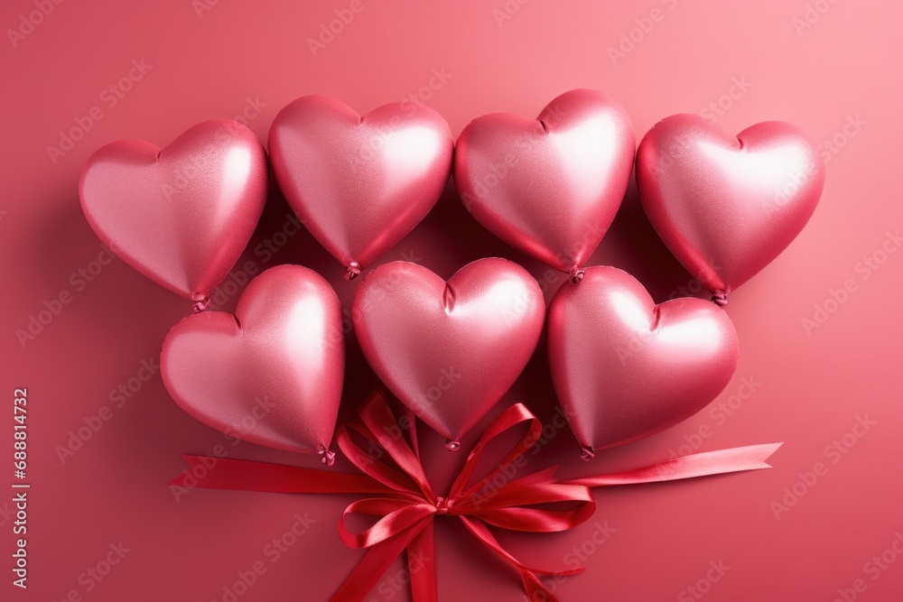 a bouquet with a ribbon of pink heart-shaped balls on a pink background. romance, love, Valentine