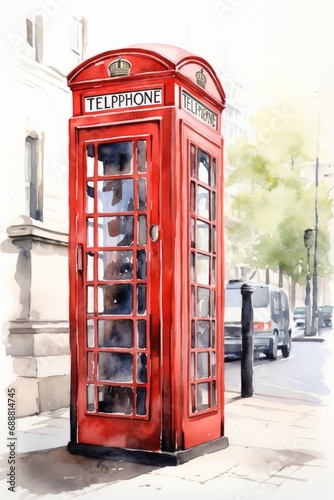 Watercolor red telephone booth in London, white background. AI generate illustration