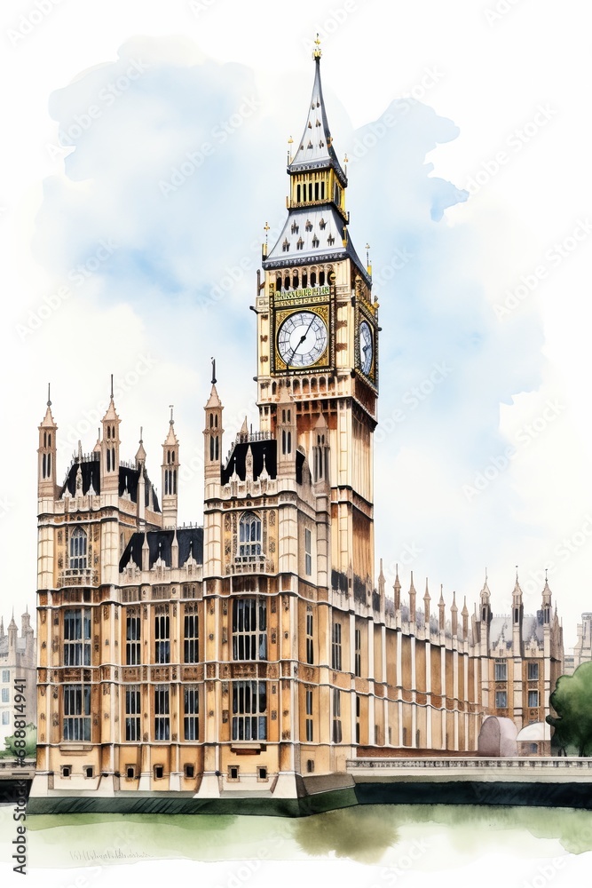 Watercolor Palace of Westminster in London, white background. AI generate illustration