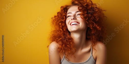 young curly red haired woman smiling down at the camera against a yellow wall