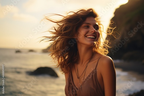 young friendly woman smiling on front of the sea shore © Photo And Art Panda