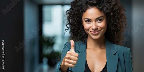 young woman showing thumbs up sign over blue background photo