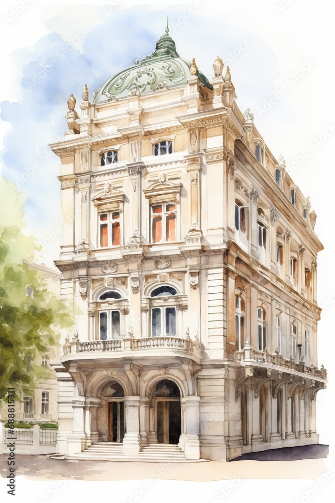 Watercolor of the Royal Opera House in London, white background. AI generate