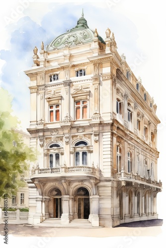 Watercolor of the Royal Opera House in London, white background. AI generate