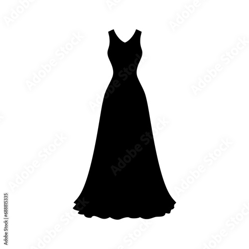 Evening cocktail black dress. Woman clothing. Silhouette apparel. Long maxi, full and floor length dress icon. Vector illustration