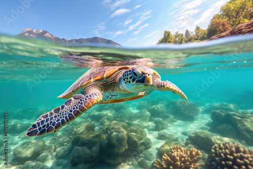 Sea turtle swimming underwater. Concept of marine life beauty.