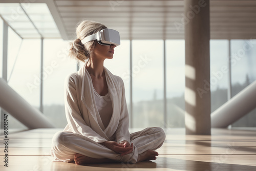 woman doing yoga with VR glasses virtual reality indoors with sunlight white clothes mindfulness meditation photo