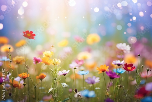A field of colorful flowers with a bright light in the background. Suitable for nature and garden-related projects © Fotograf