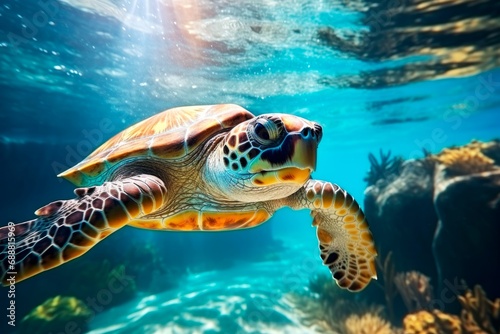 A green sea turtle swims near the reefs. Close-up.