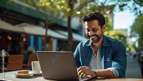 Middle-aged Indian man working remotely from the outside of a cafe/restaurant

 photo