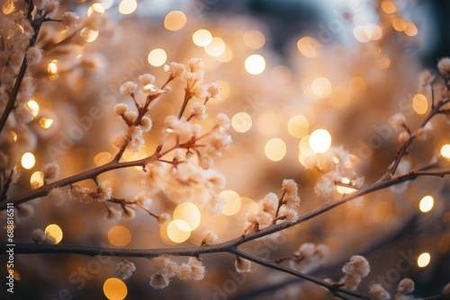 A close-up view of a branch of a tree with lights in the background. This image can be used to create a cozy and festive atmosphere