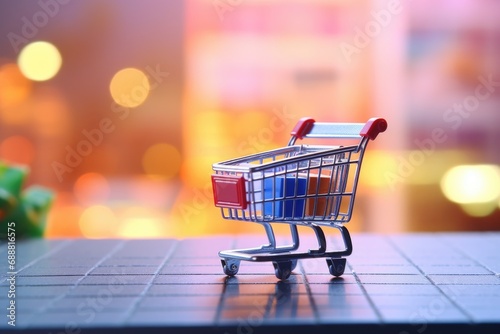 A miniature shopping cart sitting on top of a laptop. Perfect for illustrating online shopping, e-commerce, or technology concepts