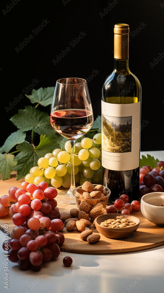 Naklejka premium A product photo of a wine bottle sitting on a tray, wine glass, grapes next to bottle. AI generative