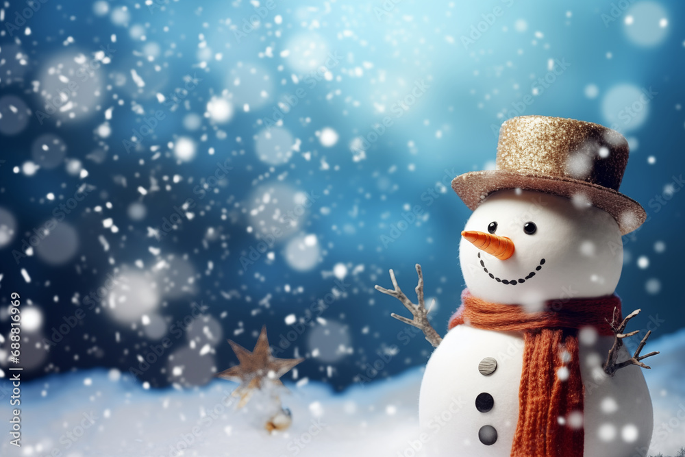 Snowman, it's snowing outside, festive atmosphere, isolated background with space for text