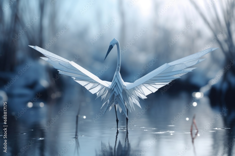 A crane standing in the water with its wings spread. Suitable for nature and wildlife-themed projects - obrazy, fototapety, plakaty 