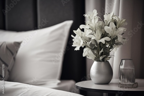 A vase of flowers sitting on a table next to a bed. Perfect for home decor or hospitality industry marketing