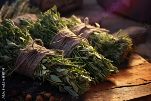 Fresh herbs tied up on a wooden board. Perfect for culinary and cooking concepts