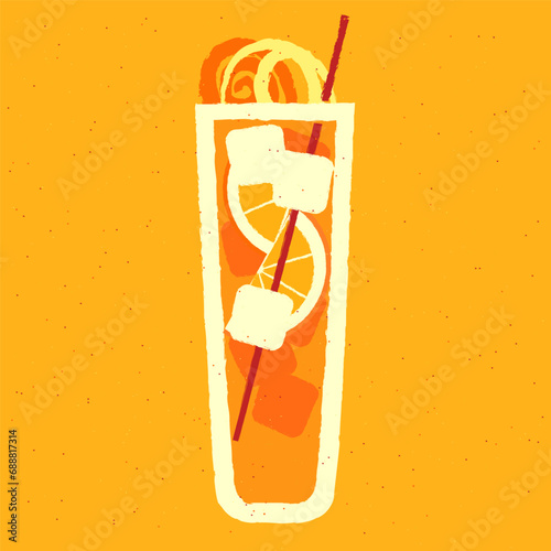 Non-alcoholic cocktail glass. Cold alcoholic drink with orange, ice cubes and zest. Tall glass for liquid with citrus fruits. Mocktail at Collin, Highball glass. Vector with texture. Orange drink