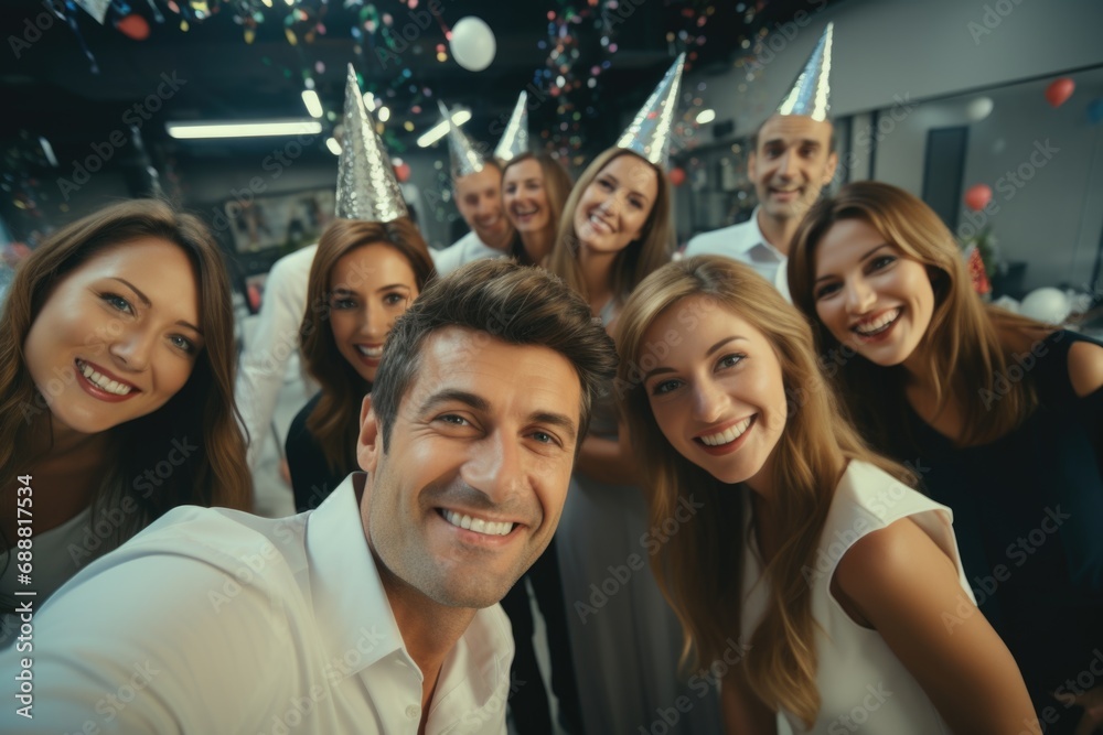 Obraz premium A group of people capturing a moment at a lively party. Perfect for social gatherings and celebrations