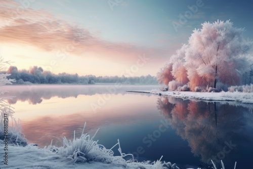 A picturesque scene capturing a tranquil lake nestled amidst snow-covered trees. Ideal for winter-themed projects or nature-inspired designs