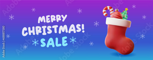 Christmas sale banner. 3d style. Christmas stocking 3d cartoon illustration and snowflakes. Modern blue background. Festive winter banner.