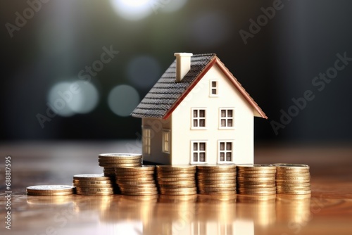 A model house sitting on top of a pile of coins. Ideal for illustrating concepts such as financial planning, real estate investment, or savings goals