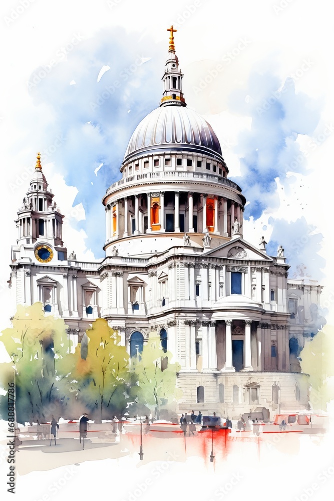 Watercolor of St. Paul's Cathedral in London, white background. AI generate illustration