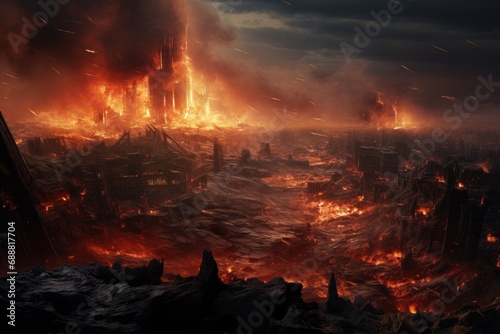 A very large fire consuming a bustling city. Perfect for illustrating disaster, emergency, or urban chaos.