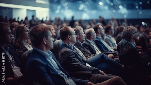 People are in the audience at the conference hall at a business event.