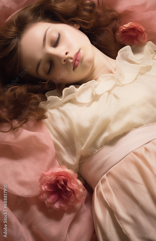 Obraz premium a young beautiful girl lying on the bed, head with wavy hair closeup, romance novel cover