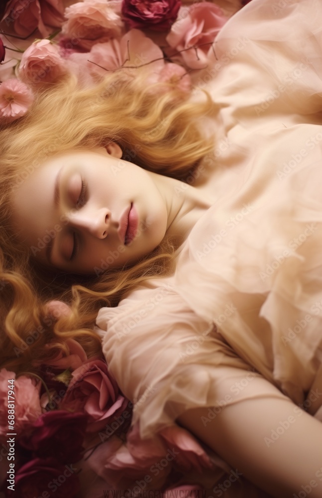 a young beautiful girl lying on the bed, head with wavy hair closeup, romance novel cover a young beautiful girl lying on the bed, head with wavy hair closeup, romance novel cover
