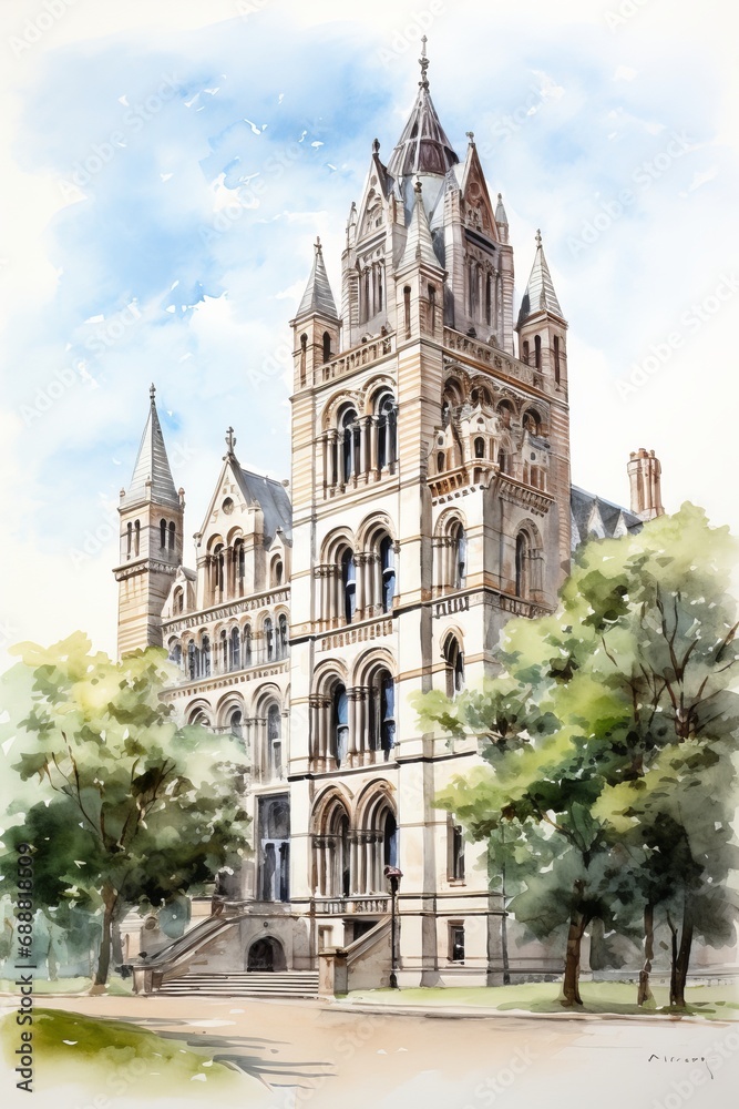 Watercolor of the Natural History Museum in London, white background. AI generate