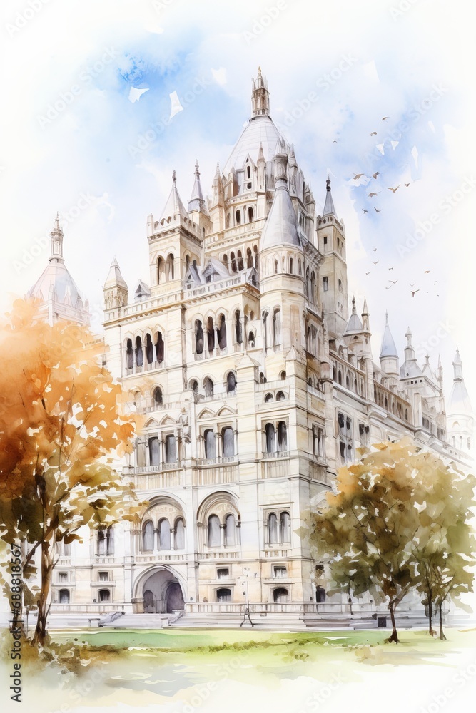 Watercolor of the Natural History Museum in London, white background. AI generate