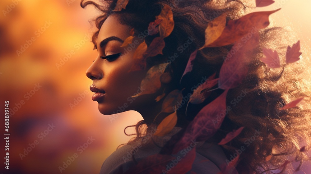The subtle beauty of a mixed-race woman's profile, enhanced by a double color exposure effect that fuses the earthy tones of autumn leaves with the serene shades of a twilight sky. - obrazy, fototapety, plakaty 