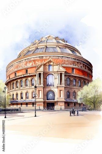 Watercolor of the Royal Albert Hall in London, white background. AI generate illustration