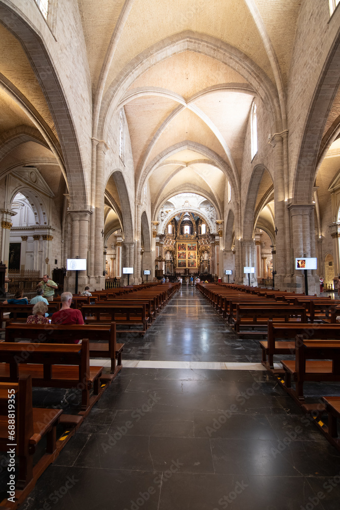 Valencia, Spain -September 25th, 2023: Cathedral of the Assumption (Saint Mary's Cathedral) is a Roman Catholic parish church. Medieval interior architecture. Decorated ceiling in Valencia cathedral.