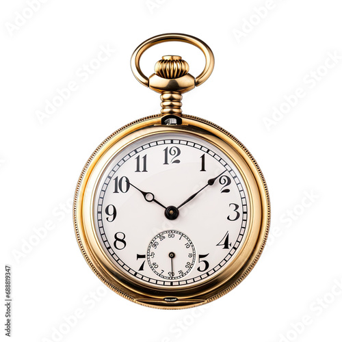 A Vintage Gold Pocket Watch Open to Show the Time. Isolated on a Transparent Background. Cutout PNG.