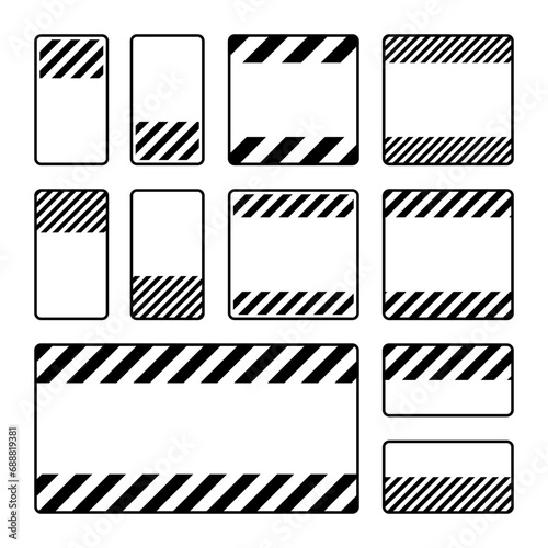 Various blank black warning signs with diagonal lines. Attention, danger or caution sign, construction site signage. Realistic notice signboard, warning banner, road shield. Vector illustration
