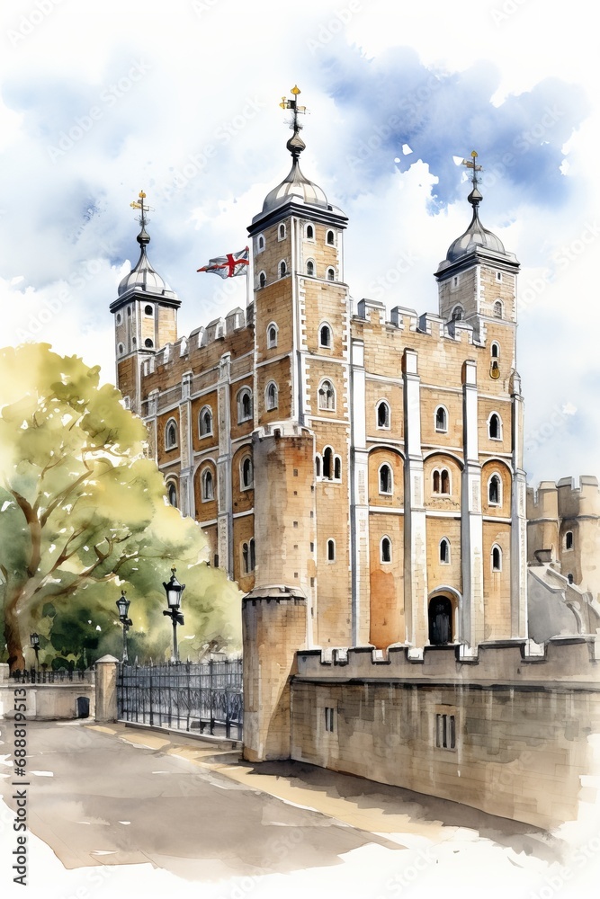 Watercolor sketch of the Tower of London, white background. AI generate illustration