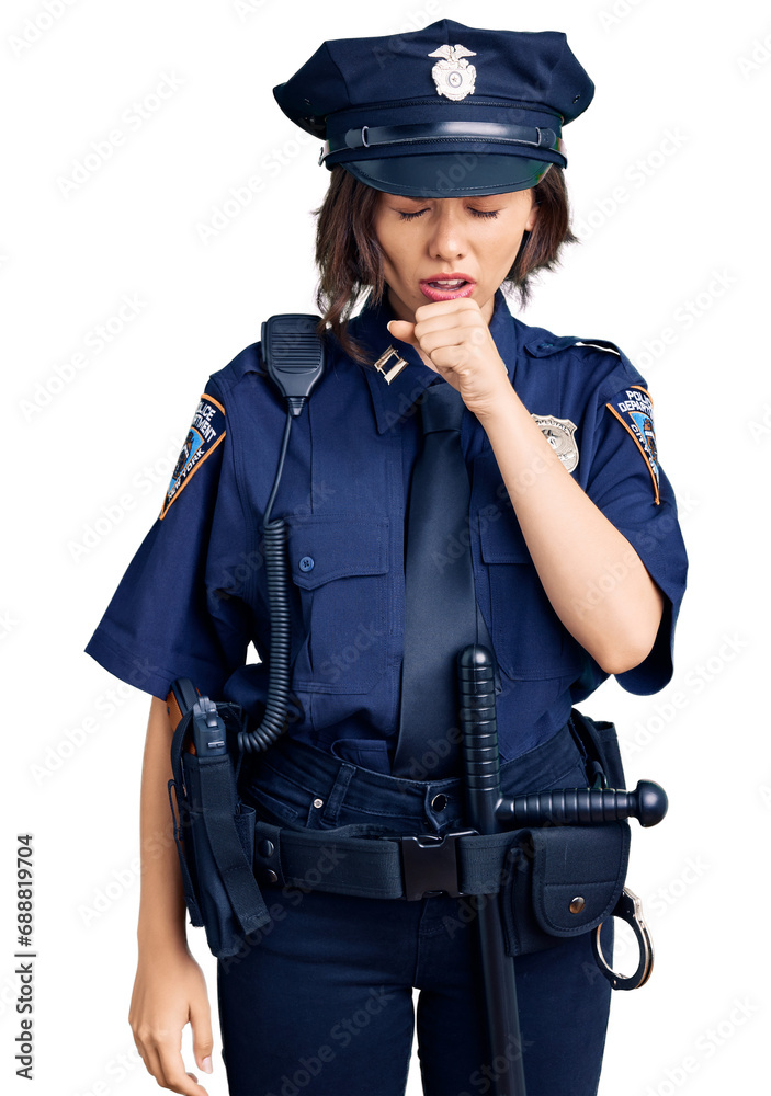 Young beautiful girl wearing police uniform feeling unwell and coughing as symptom for cold or bronchitis. health care concept. Young beautiful girl wearing police uniform feeling unwell and coughing as symptom for cold or bronchitis. health care concept.