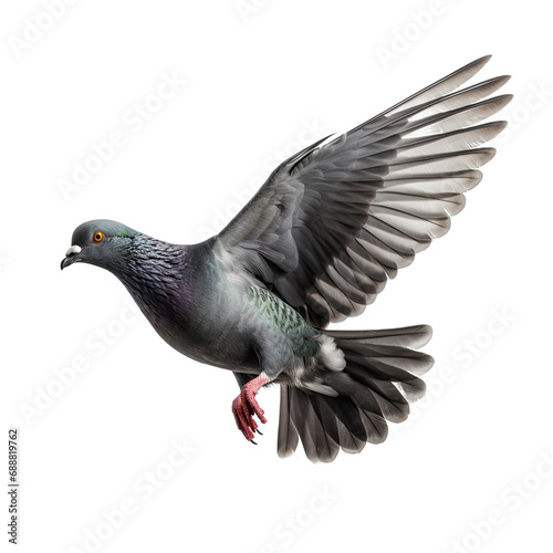 Pigeon in Mid. Flight - A Pigeon Flying Isolated Capturing the Bird's Grace and Urban Presence. Isolated on a Transparent Background. Cutout PNG.