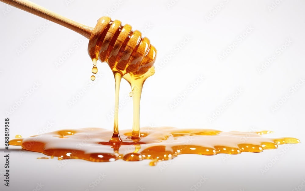 Honey dripping from wood dipper on white background., white background Honey dripping from wood dipper on white background., white background