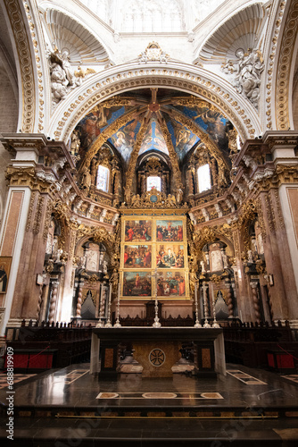 Valencia, Spain -September 25th, 2023: Cathedral of the Assumption (Saint Mary's Cathedral) is a Roman Catholic parish church. Medieval interior architecture. Decorated ceiling in Valencia cathedral.