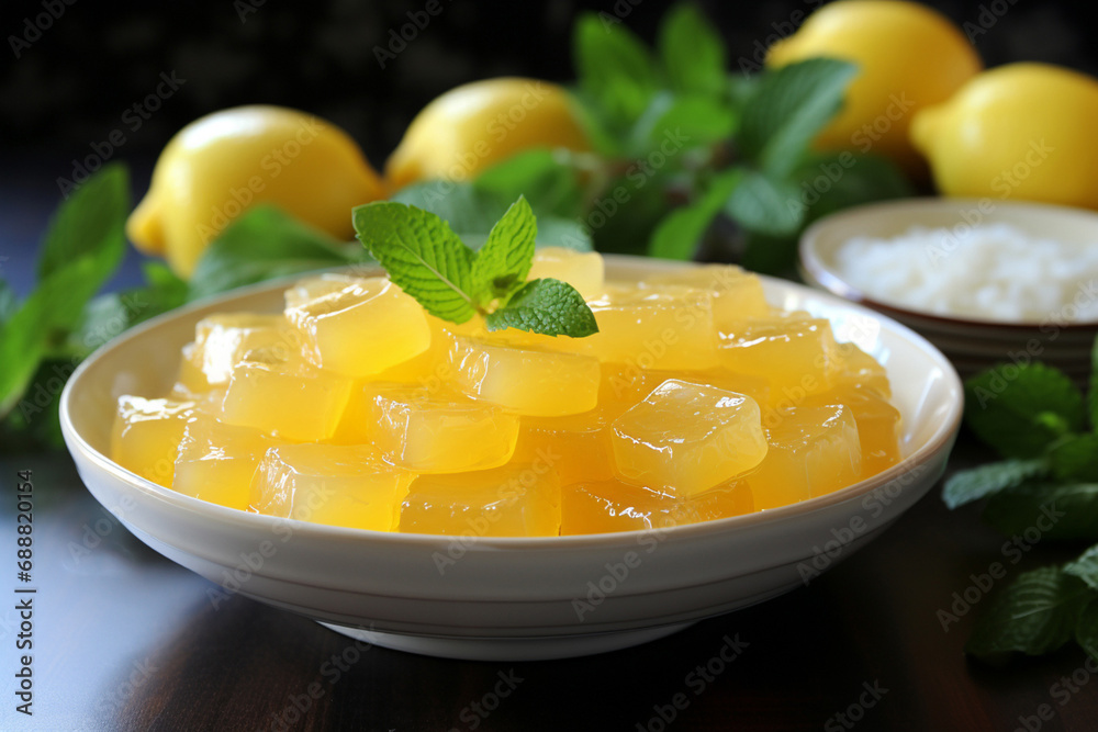 Lemon sweets in lemon syrup. Generative AI. Lemon sweets in lemon syrup. Generative AI.