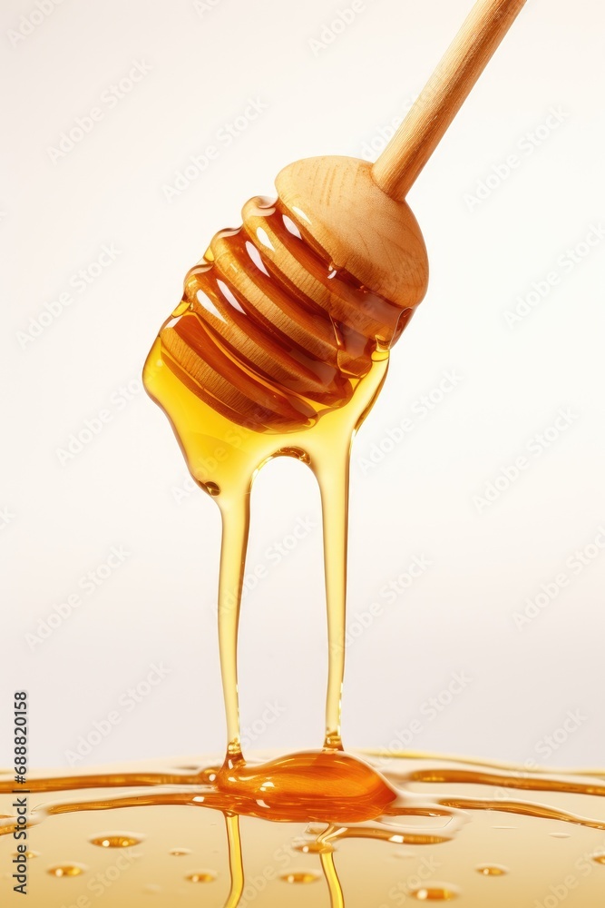 Honey dripping from wood dipper on white background., white background Honey dripping from wood dipper on white background., white background