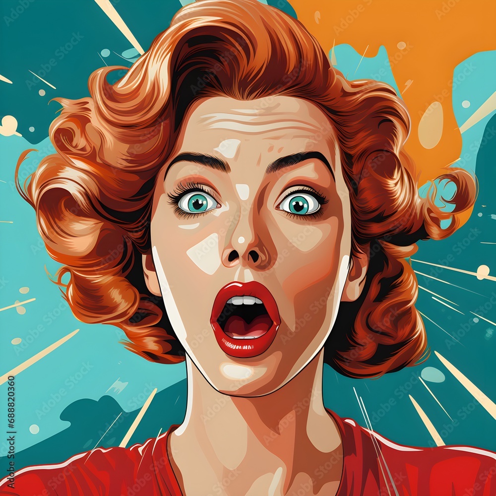 A pop art style illustration of a surprised woman, characterized by vibrant colors and bold expression.